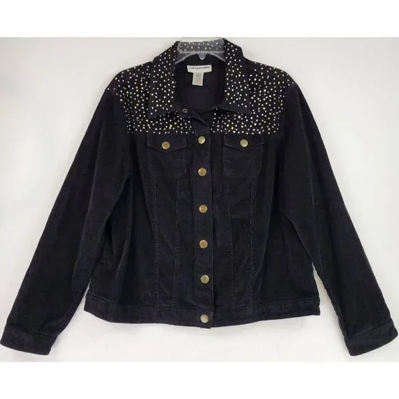Cathy Daniels Jacket Womens Large Black Corduroy Rhinestone Western Snap On - Picture 1 of 11